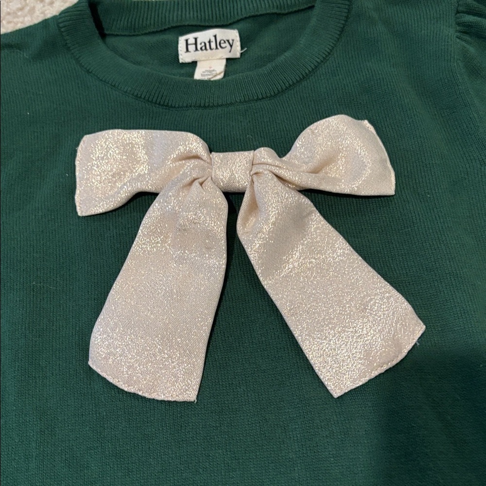 Hatley Forest Green Sweater with Cream Sparkle Bow - Picture 3 of 5